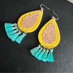 Vibrant Yellow & Turquoise Fringe Earrings with Cork Patch
